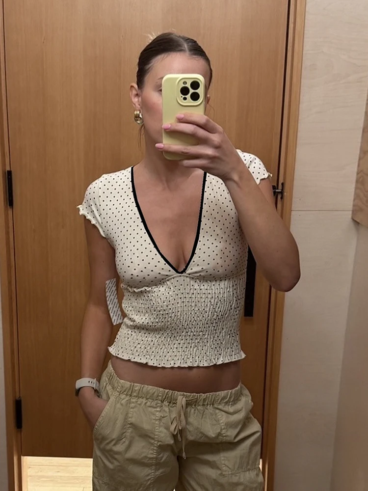 

InGrily Simple Polka Dot Print t-Shirts Women v-Neck Folds Elasticity Versatile Classic Daily Summer Trend Street Skinny Tops