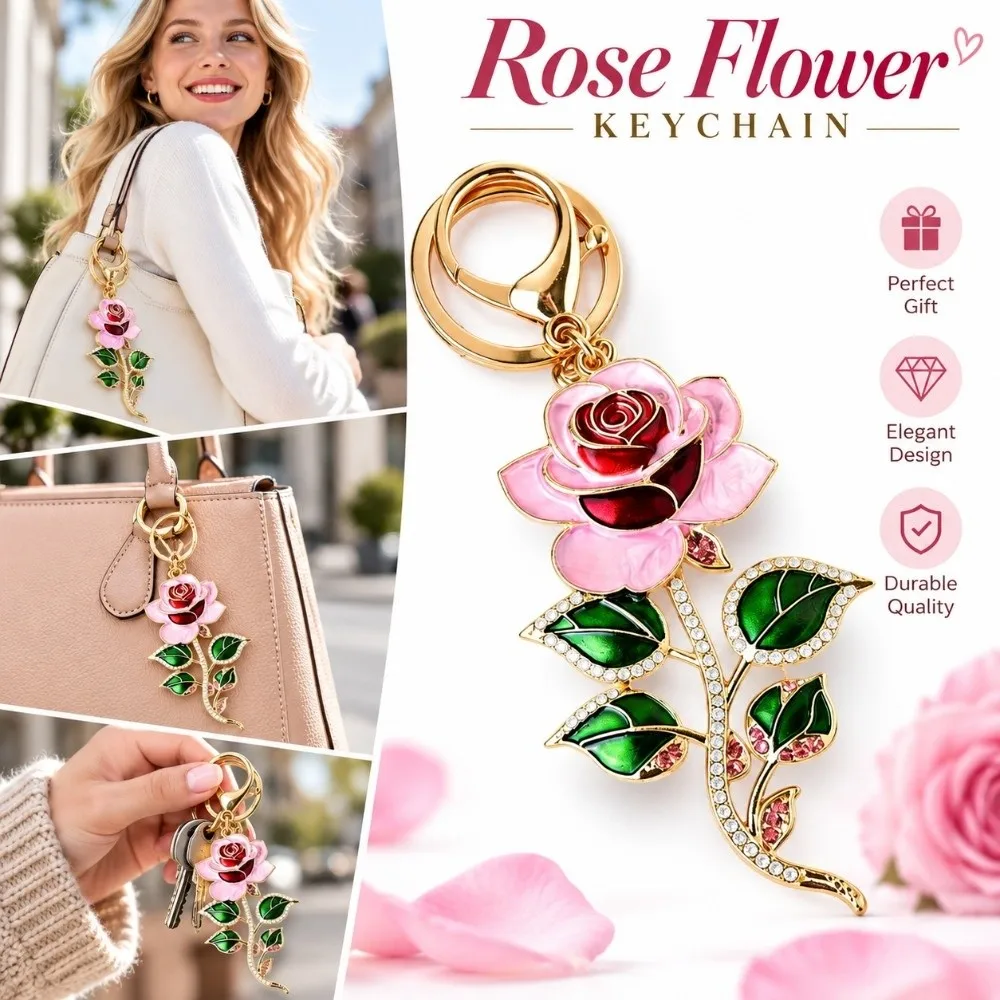 New Rose Flower Keychain Lobster Clasp Rhinestone Rose Flower Pendant Hanging DIY Jewelry Crystal Keyring for Women Girls