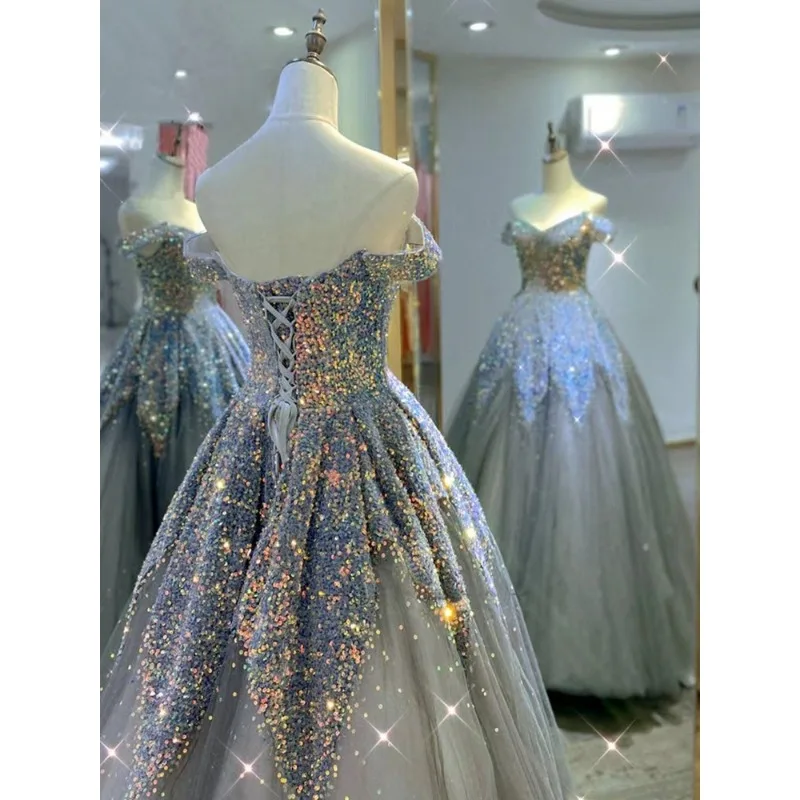 Серебристо-серое платье 2025Новое модное банкетное свадебное ежегодное собрание Пышная юбка Художественный экзамен Вечернее платье для ходьбы и шоу Женское