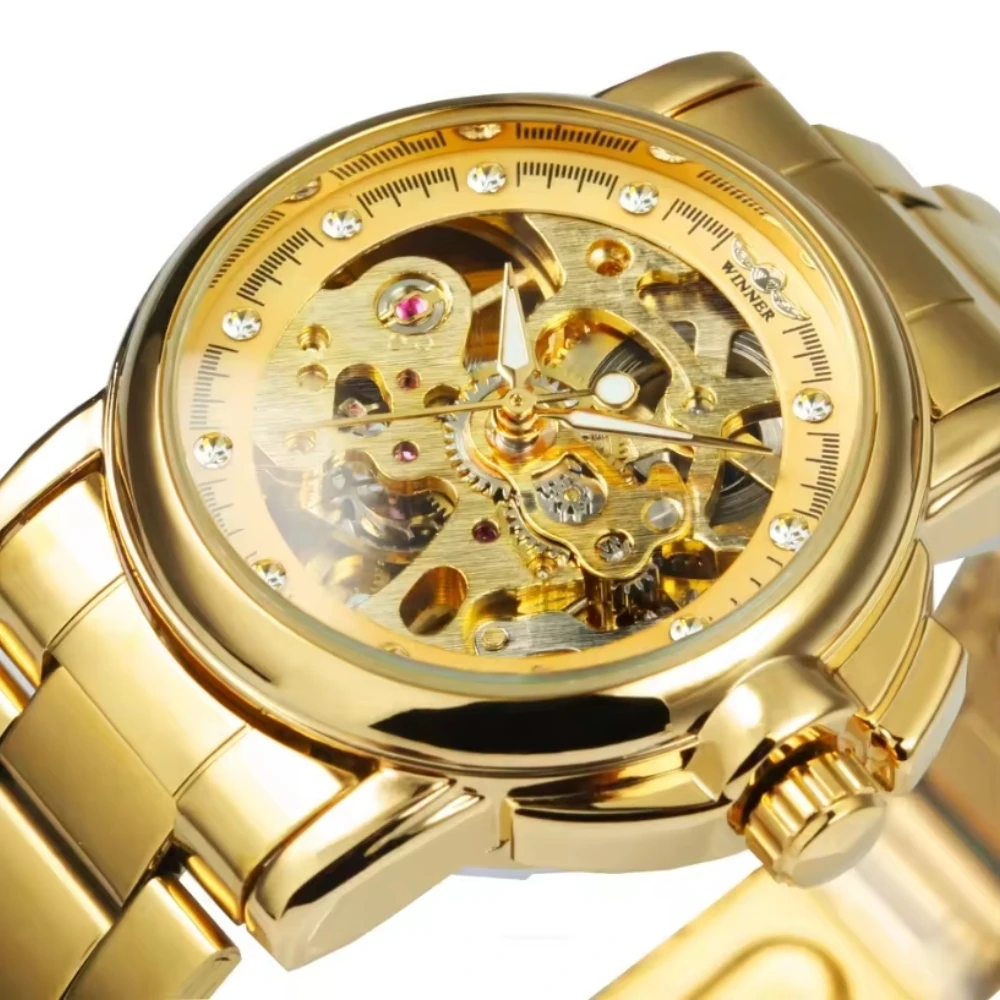Women's Automatic Mechanical Watch with Skeleton Design, Transparent Back, Diamond-Studded Steel Band, Light Luxury Niche Luxury Retro Fully Automatic Mechanical Wristwatch, Gift