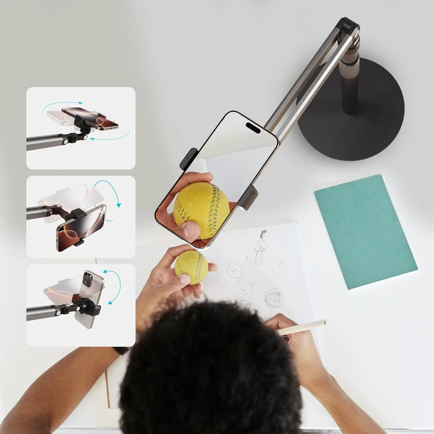 Adjustable Phone Stand for Overhead Recording, Flexible Arm for Video, Painting, Meeting - Desktop Mount
