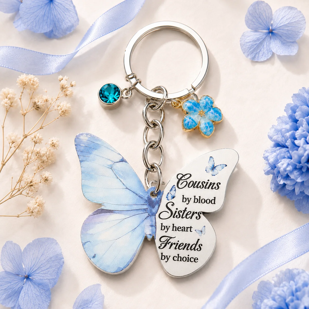 Blue Butterfly Inspirational Quote Keychain, Cousin Sister Friendship Bag Charm, Birthday, Christmas, Thanksgiving Holiday Gift