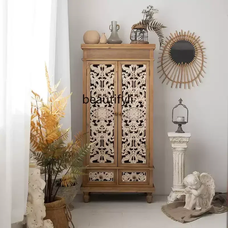 Retro chest cabinet storage cabinet living room home entrance carved wall cabinet