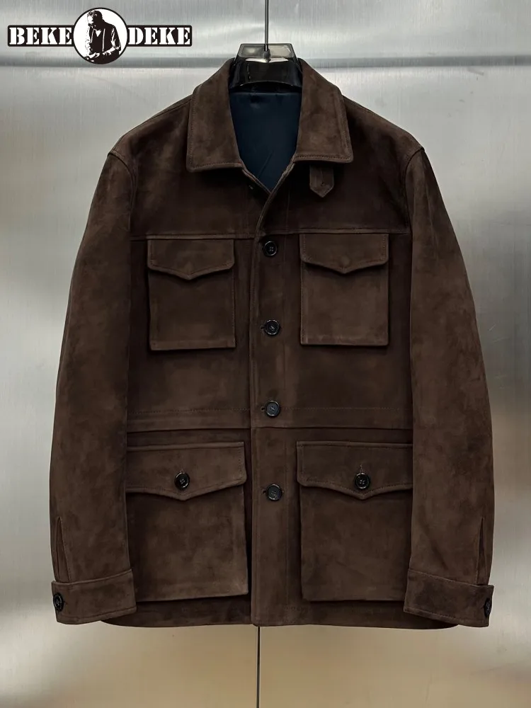 Retro Solid Color Single-Breasted Long Sleeves Pocket Genuine Leather Jacket Slim Male Turn Down Collar Sheepskin Outerwear