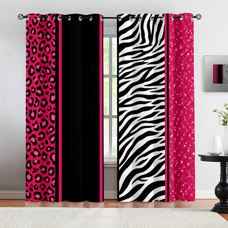 2Pc Hot Pink Leopard Zebra Splicing Print Curtains Light Blocking Curtains Decorative Drapes for Bedroom Living Room