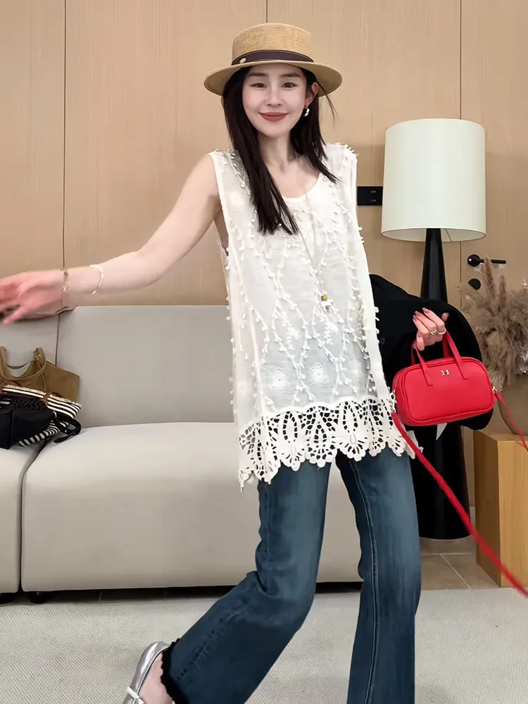 Minimalist Versatile 3D Hollow out Sleeveless Vest Top Women's Spring Summer New Design Layering Shoulder Pad A-Line Thin Model
