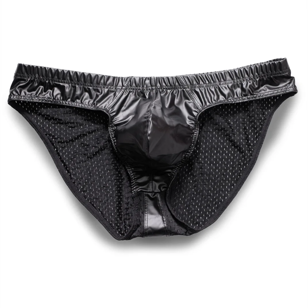 Juventude Couro Patchwork Side Mesh Breve Calça para Homens, Sexy Bottom Lingerie, Fundo Respirável, Baixa Cintura, U Convex Pouch Underwear