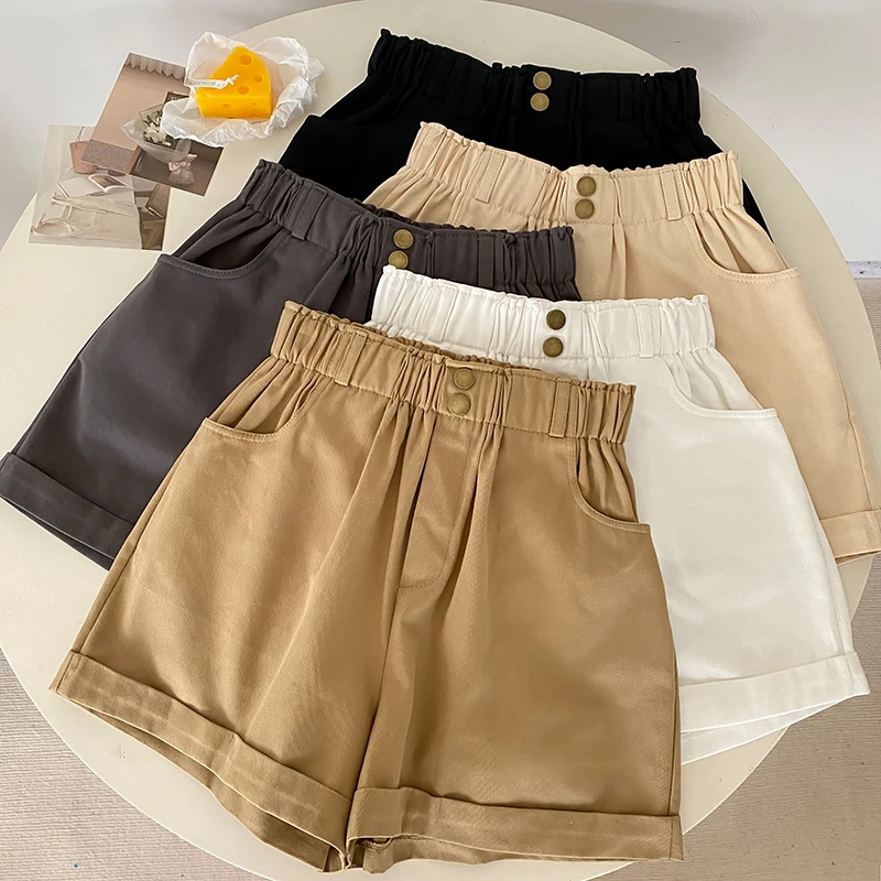 2023 Women's Shorts Summer New Solid Color Personalized Button Decoration Elastic Waist Wide Leg Loose A-line Casual Suit Pants