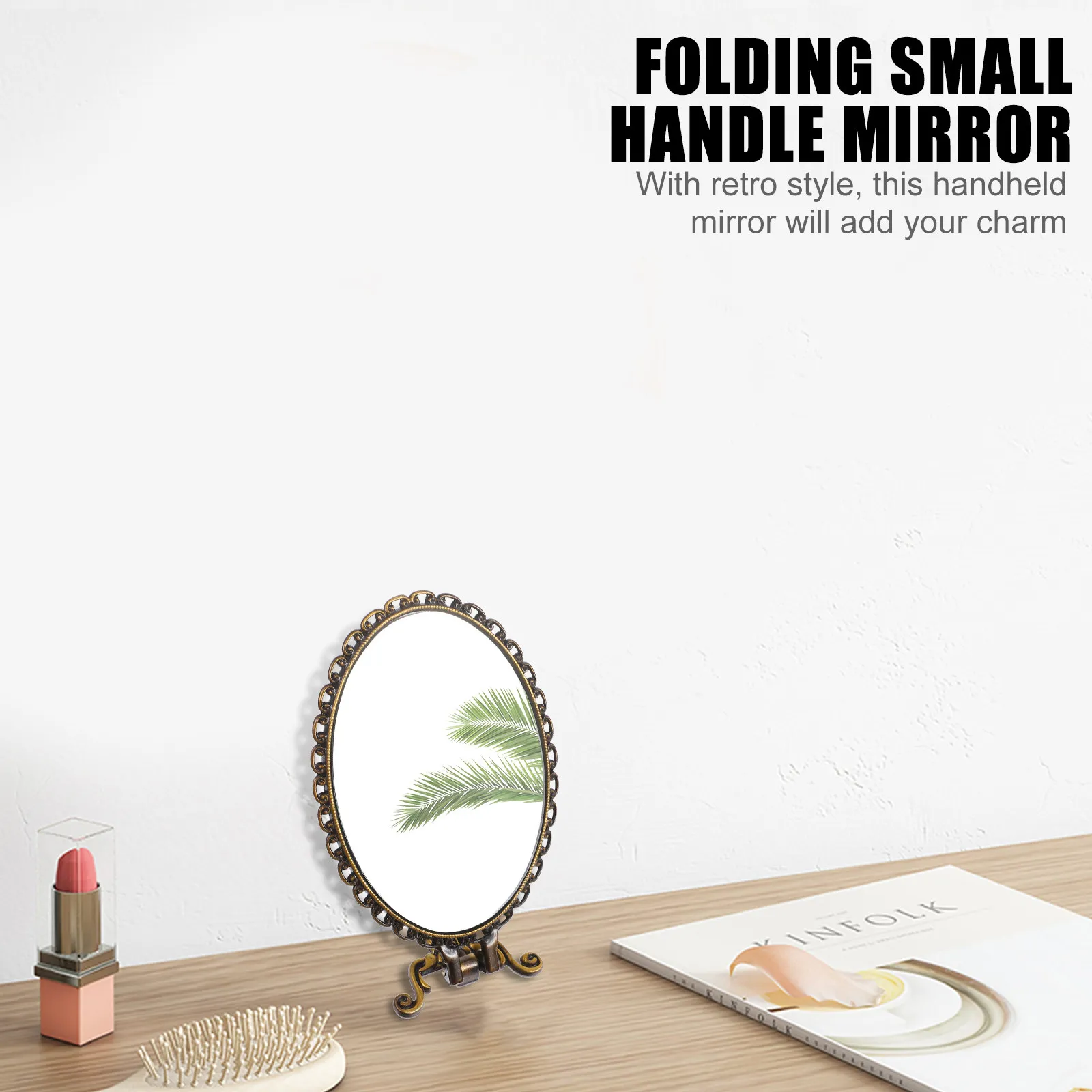 Vintage Foldable Makeup Mirror with Handle, Retro Embossed Flower Design & HD Reflective Surface