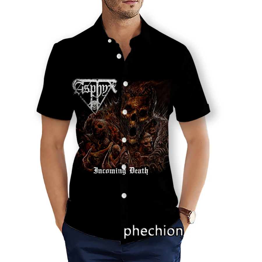 Phechion Heren Korte Mouw Strand Shirts Asphyx Band 3d Print Casual Shirts Mode Streetwear Heren Tops X219