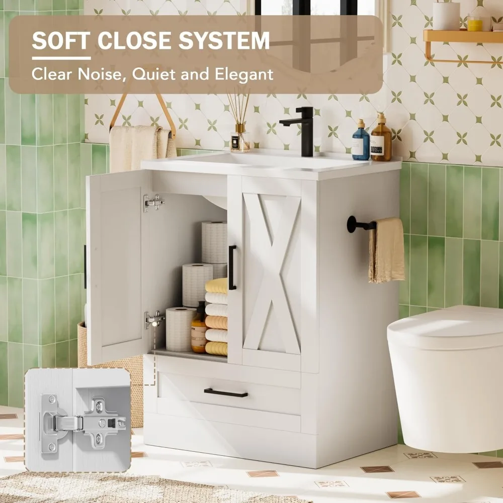 Mueble de baño estilo granja de 24" con lavabo, mueble de almacenamiento con 2 puertas y 1 cajón