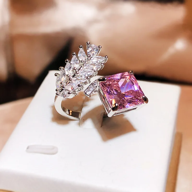 925 Silver New Fashion Raydean Ice Cut Ring Creative Feather Pink Diamond Opening Ring Party Birthday Jewelry Gift