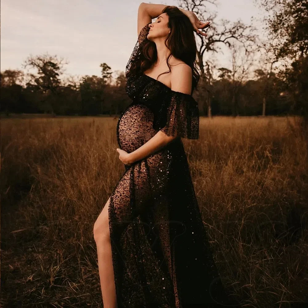 Mesh Pearl Maternity Photography Dress Transparent Sequin Black Pregnancy Photography Props Dress