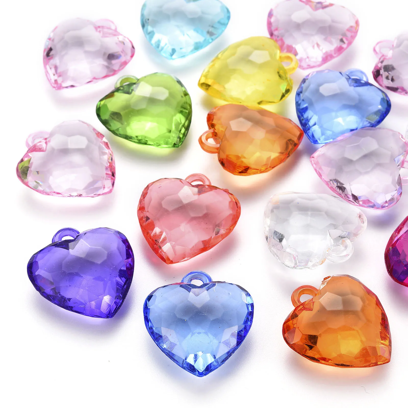 500g Heart Shape Transparent Acrylic Pendants Multicolor Faceted Charms for Jewelry Making DIY Bracelet Necklace about 90pcs