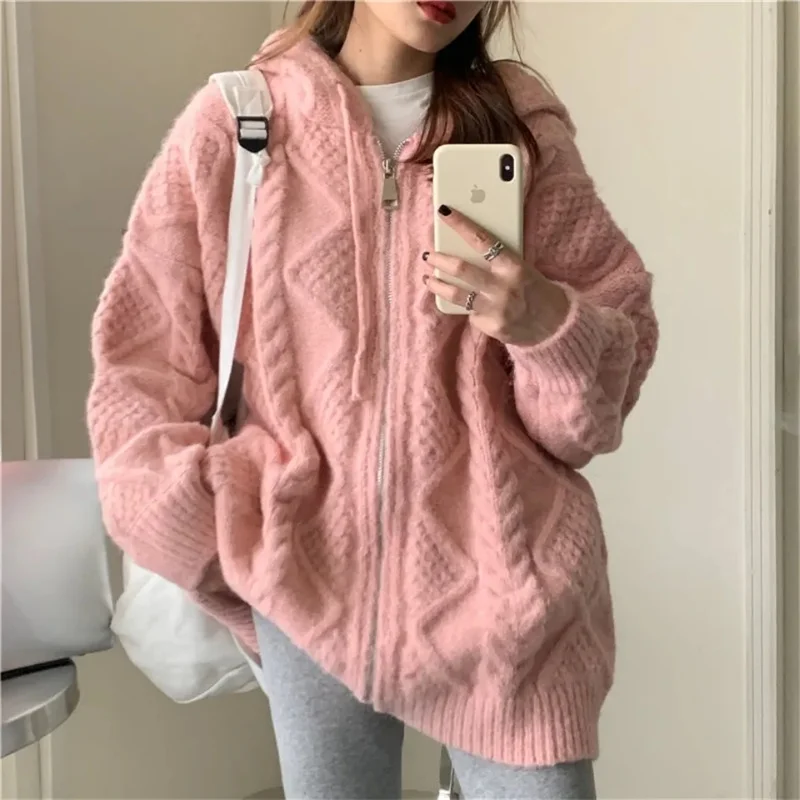 

Lazy Fried Dough Twists Knitted Cardigan Women's Autumn/Winter College Style Soft Waxy Milk White Thickened Hooded Sweater Coat