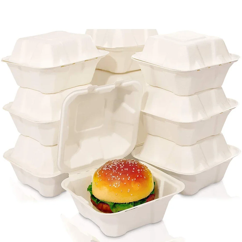 

50 Pcs Disposable Bento Box Sugarcane Fiber Compostable Food Container 6 Inch Hamburger Box Refrigerator Microwave Universal