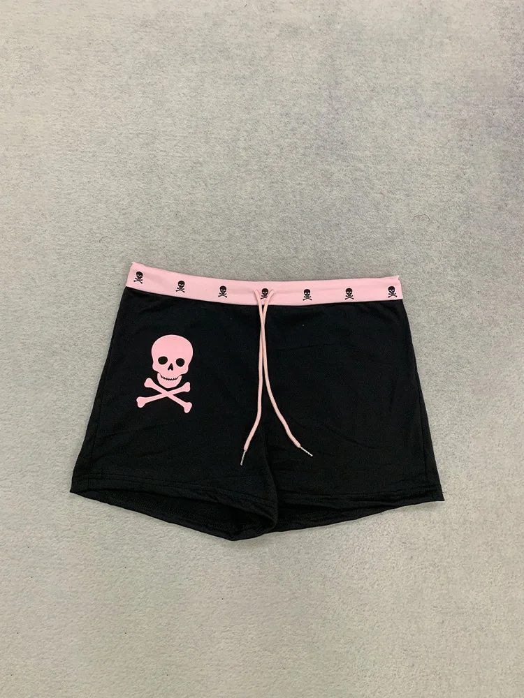 Sommer Damen Y2K Gothic Grunge Streetwear Rosa Totenkopf-Print Kontrast-Bund Niedriger Bund Kordelzug Elastische Schlanke Mini Booty Shorts – Detail 5