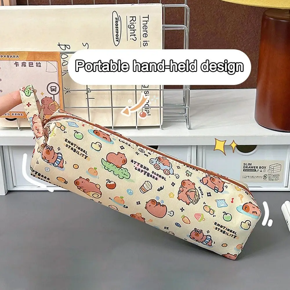 Cute Cartoon Pattern Capybara Pencil Bag Canvas Large Capacity Stationery Bag with Handles Pen Box