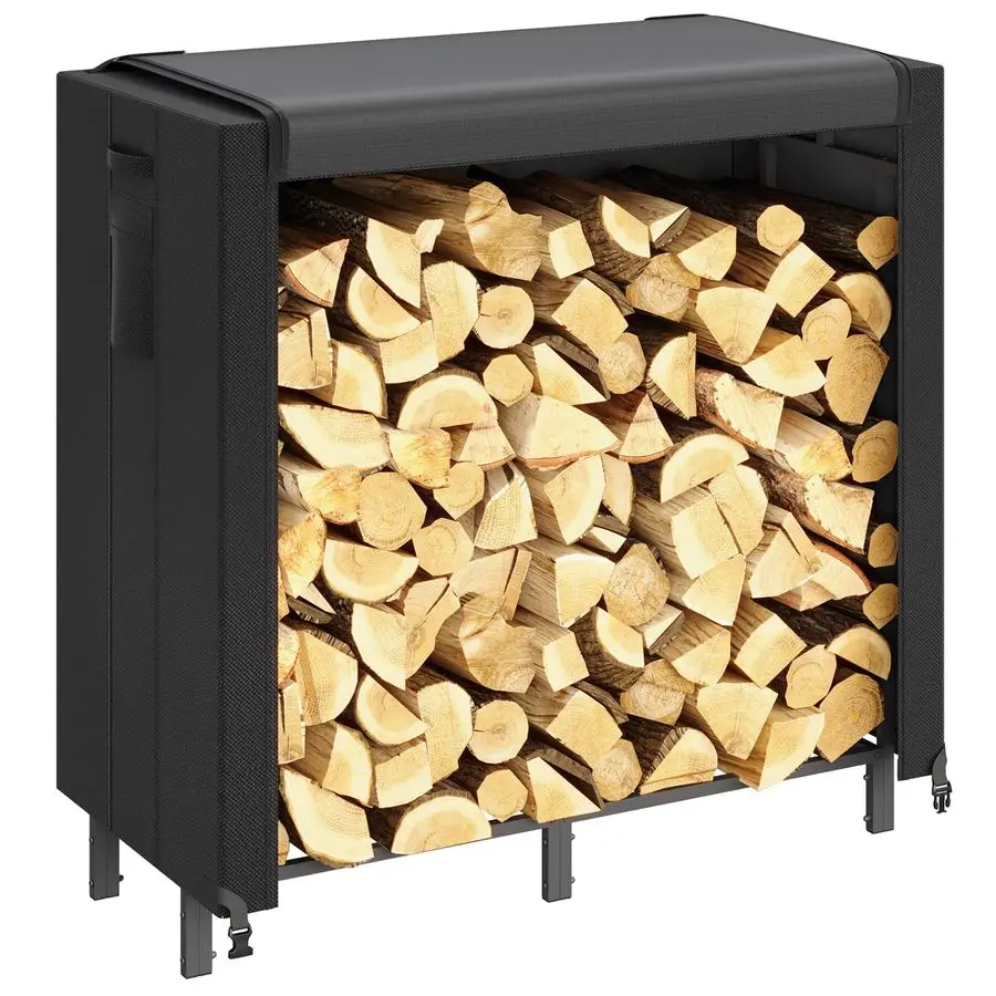 

4 FT Firewood Rack Outdoor with Waterproof Cover, Indoor Outdoor Wood Storage with Side Pocket, Heavy Duty Firewood Holder for F