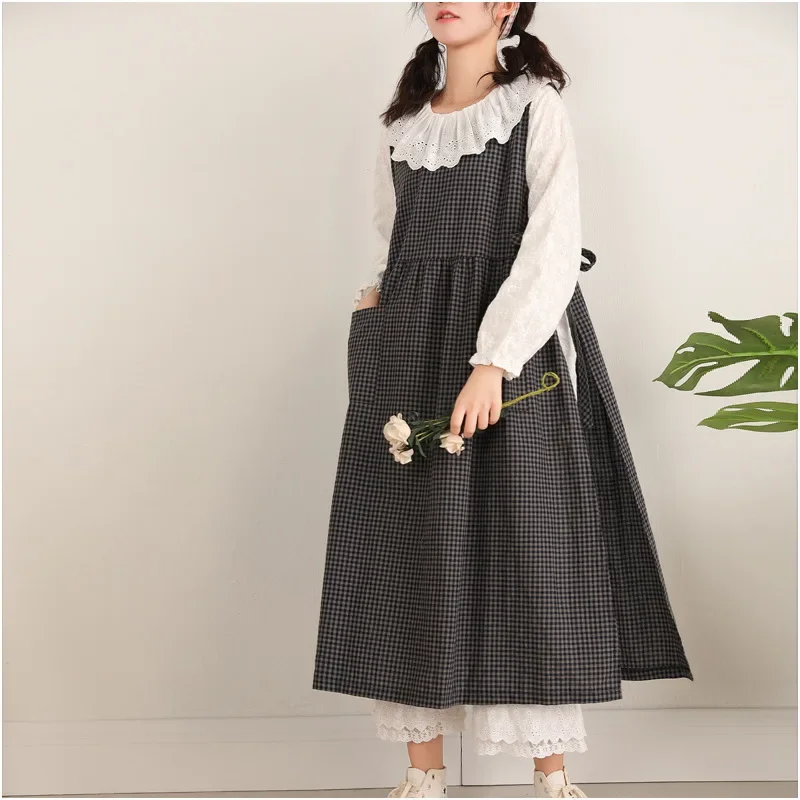 New women's spring plaid dress with loose side slit strappy cotton and linen vest skirt