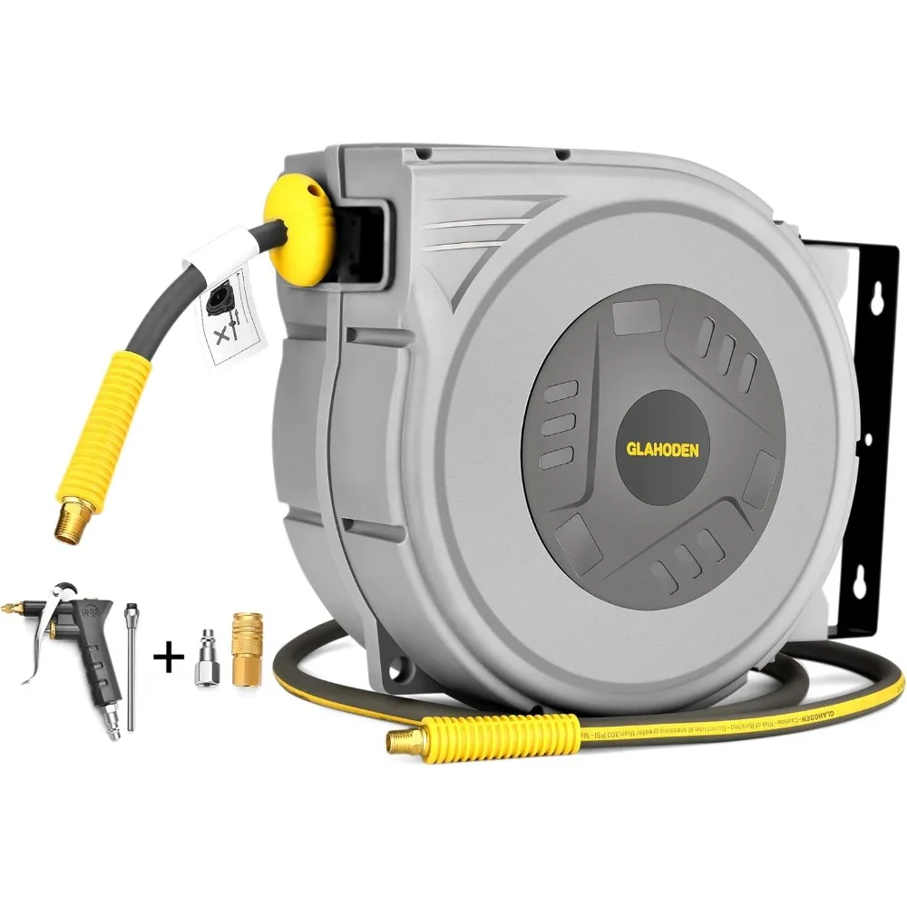 

Enclosed Retractable Air Hose Reel, 3/8 in x 80 Ft Hybrid Hose Air Compressor Hose Reel with 6 Ft Lead in Max 300 PSI Patented D