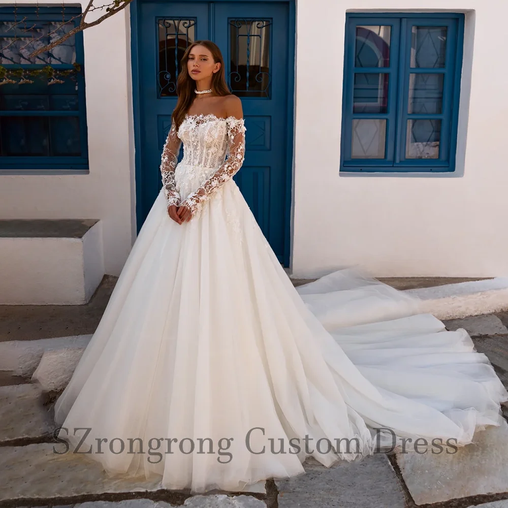 

Luxury Boat Collar Floral Lace Wedding Dress with Pearls Backless Long Sleeve Appliqeus Ball Gown Bridal Dress with Sweep Train
