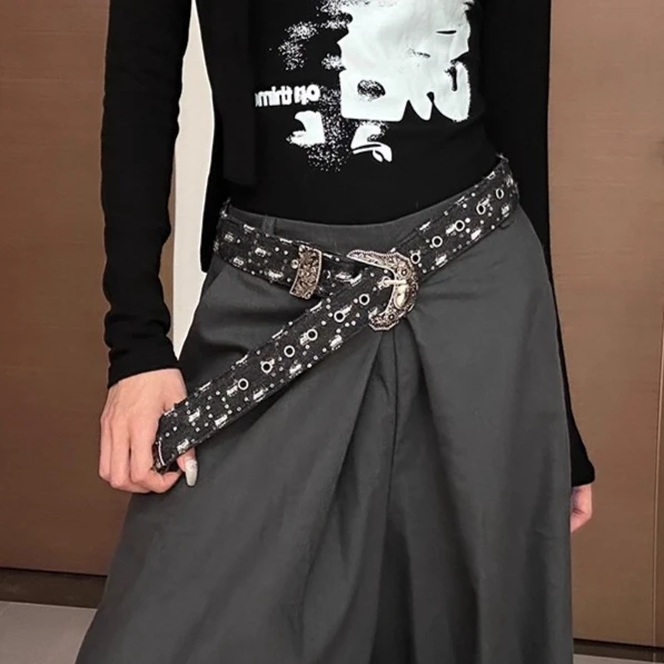 Sabuk Lebar Vintage Y2K untuk Wanita, Sabuk Kulit Denim Berongga Retro Punk untuk Gaun Rok, Aksesoris Fashion