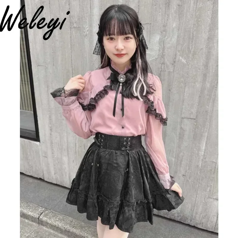 

Kawaii Rojita Cape PinkTops Shirt Autumn Women's Fashion Sweet Versatile Flare Long Sleeve Lolita Loose Ruffled Camisas E Blusas