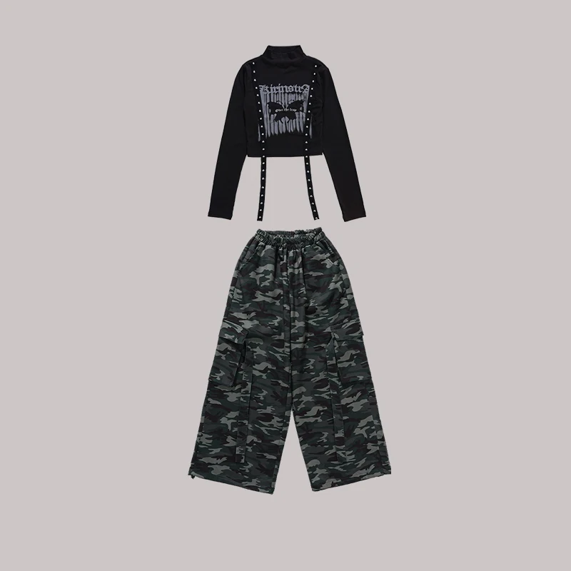Kpop Cool Jazz Dance Kleidung Mädchen Schwarz Tops Lange Ärmel Camouflage Hosen Jungen Hip Hop Wettbewerb Kleidung Bühne Tragen BL17096