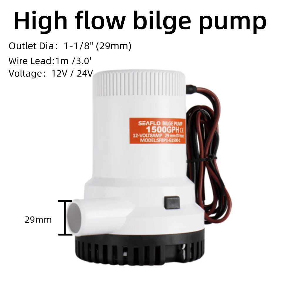 SEAFLO 2000GPH 12V/24V Non-Automatic Bilge Pump Marine Boat Water Pump 1-1/8