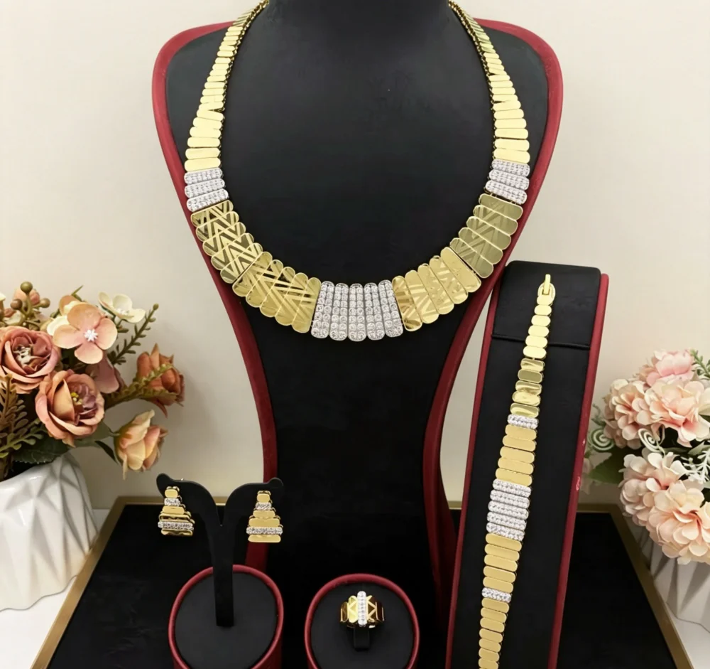 JRH Gold Plated Copper Women Jewelry Set Elegant Necklace Earrings Bracelet Ring for Anniversary Gift