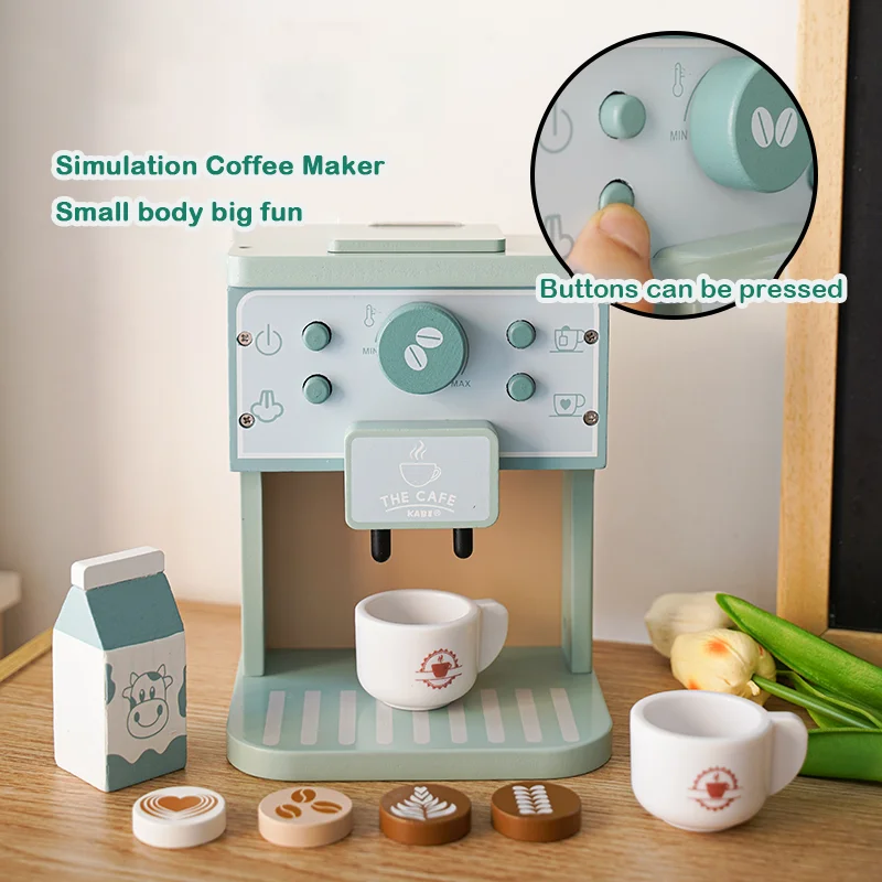 Children\'s simulation coffee machine toys, early education educational toys, wooden simulation kitchen, cafe, role-playing