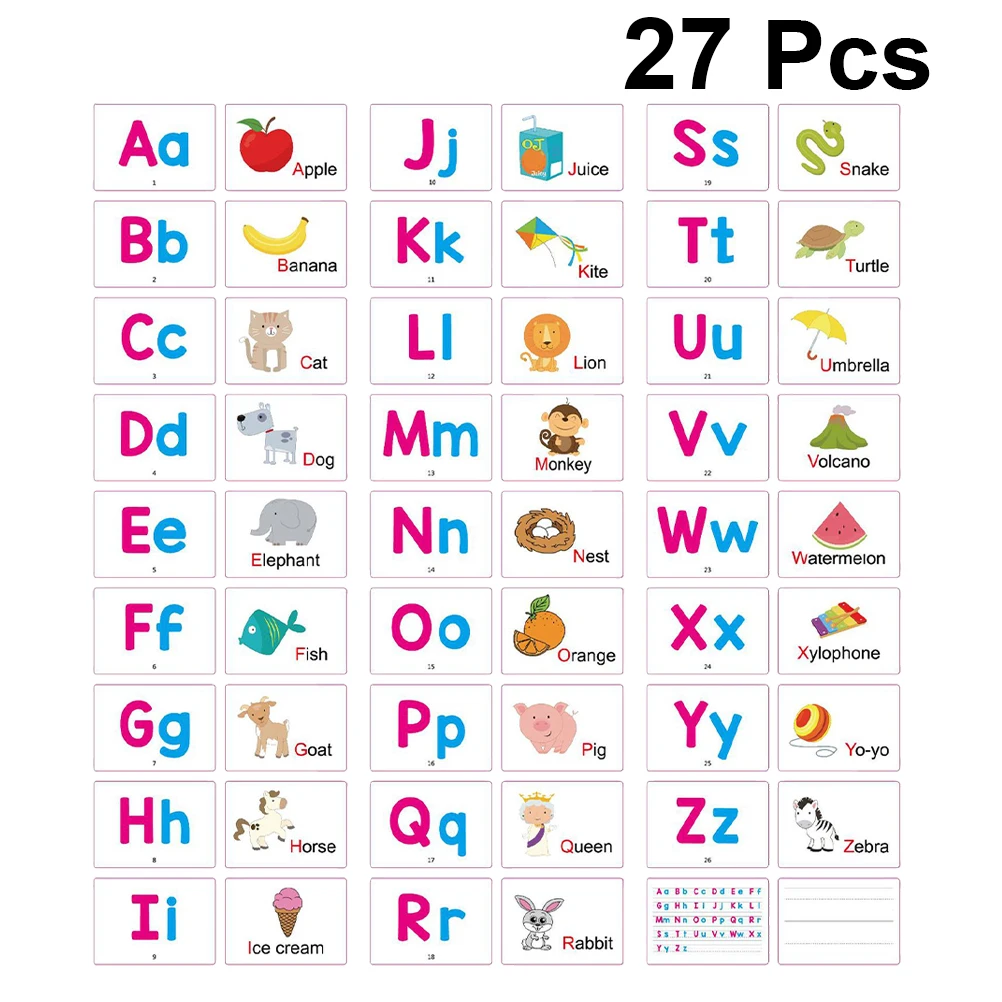 27 pezzi di carte alfabetiche educative precoci per bambini, parole inglesi, apprendimento della cognizione, carte da gioco di memoria, robuste su entrambi i lati