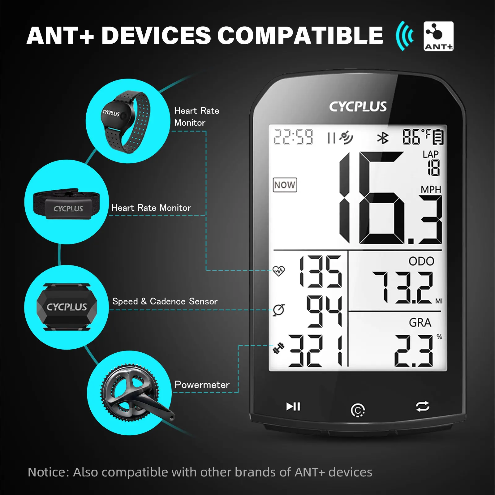 CYCPLUS-M1 사이클링 GPS 자전거 속도계, 자전거 컴퓨터 블루투스 4.0 ANT + IPX6 주행 거리계 자전거 액세서리