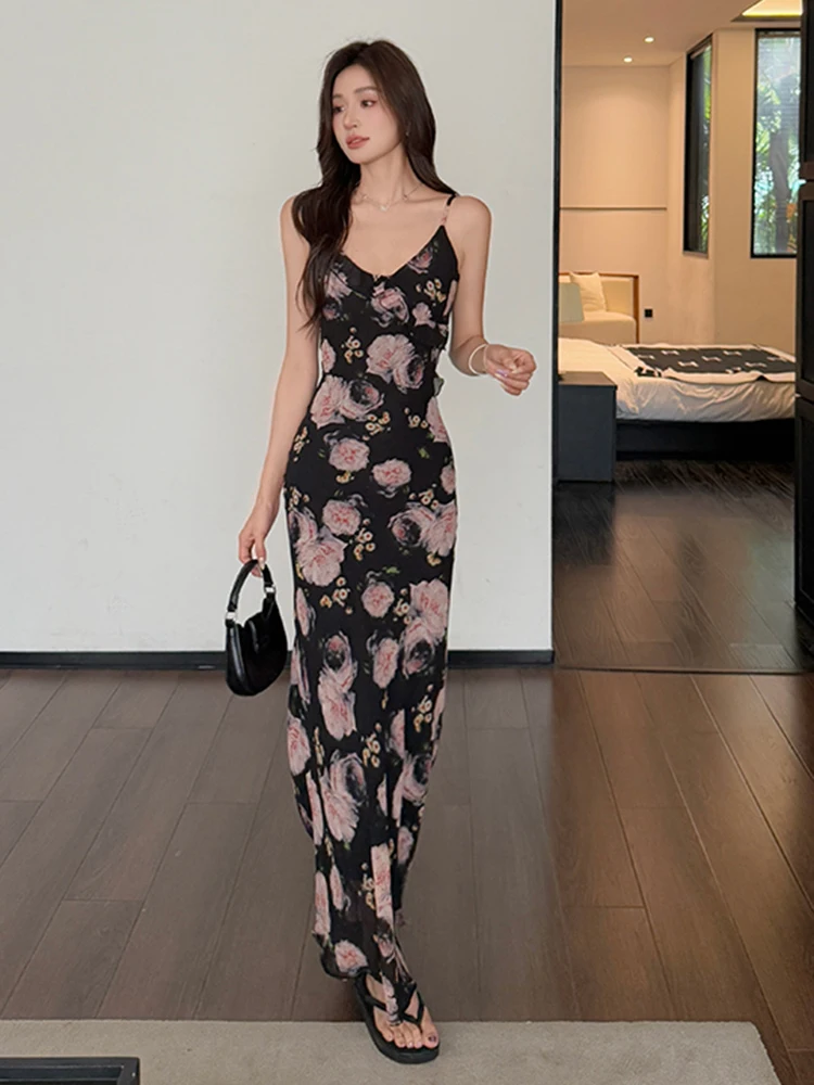 Floral babados praia vestido feminino moda magro retalhos cintura alta elegante feminino vestido longo sem mangas camisola com decote em v vestido