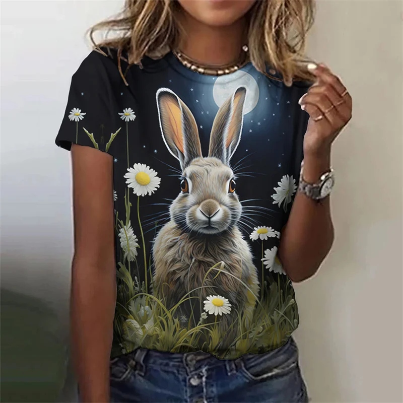 Cute Rabbit Pattern T-Shirt For Women Funny Animal 3D Printed T Shirts Summer Casual Round Neck Tops Short Sleeves Loose Tees