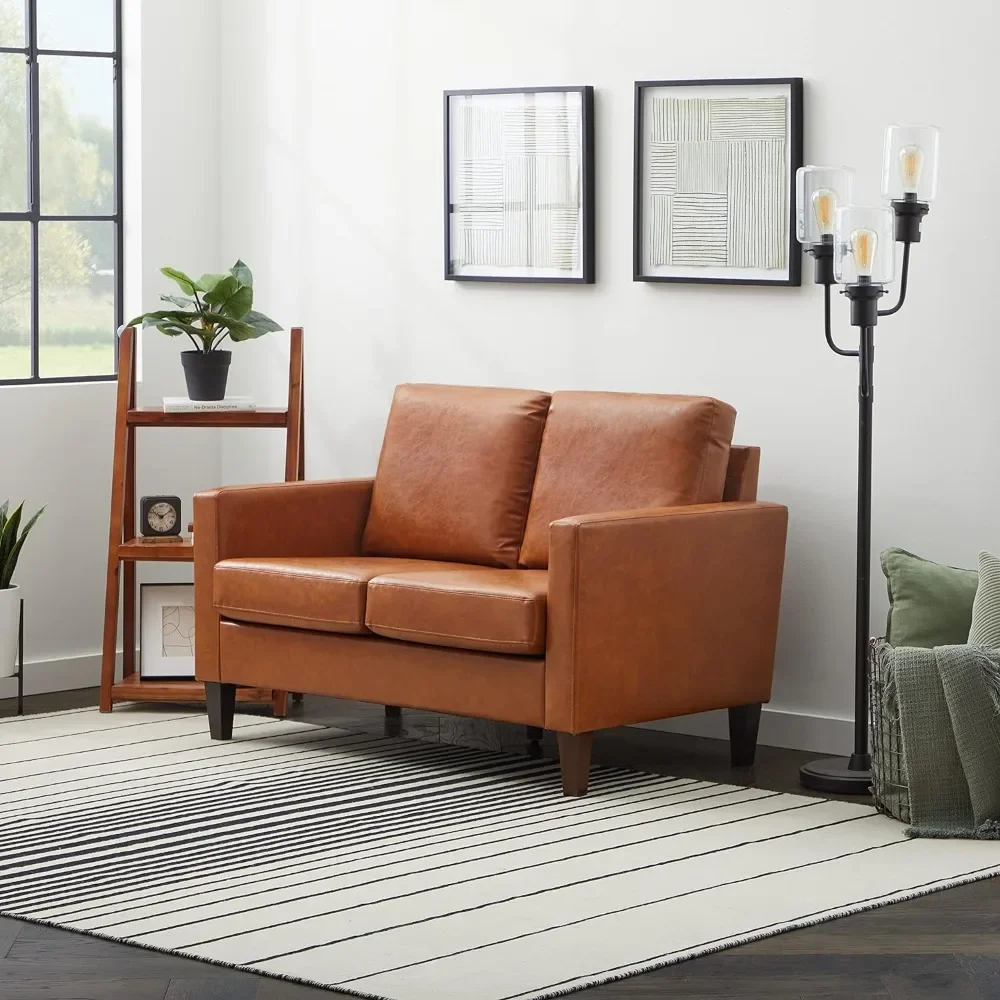 Archer Upholstered Loveseat - Camel Faux Leather - Living Room Furniture Mid Century Modern Seats Two