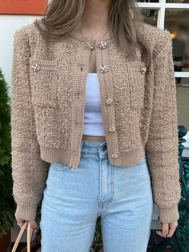 Korean Women's Clothing 2025 Autumn Winter New Round Neck Cardigan Single Breasted Long Sleeve Thick Sweater Female