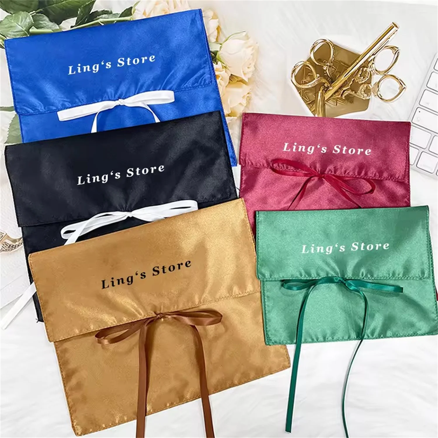 

500 шт., роскошный индивидуальный логотип, ювелирные изделия, шелковый конверт, сумка, атласная подарочная упаковка, подарок на день рождения, косметический органайзер