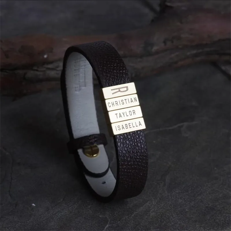 Customized Leather Bracelet for Men Stainless Steel Engrave Family Name Id Tag For Dad Father\'s Day Gift