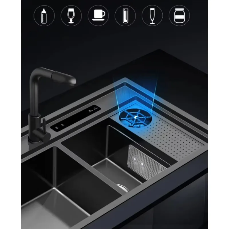 High Temperature Disinfection Dryer Ultrasonic Sink Washing Fruit Vegetable and Seafood 3 in 1 Black Kitchen Sink xyl