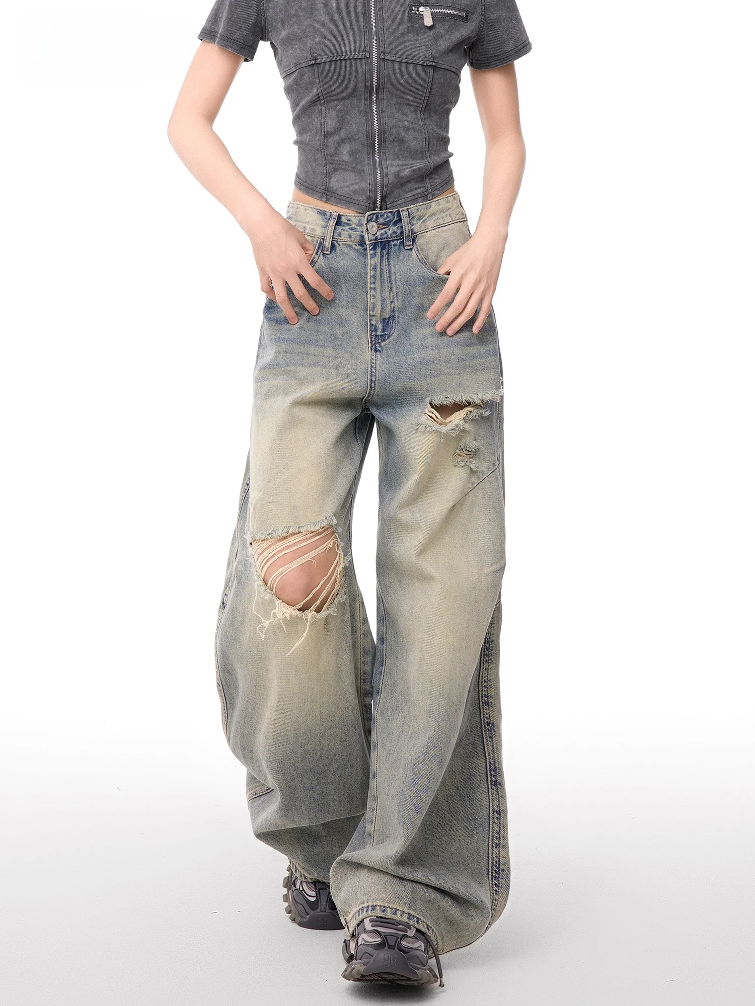 

American Style Wide Leg Jeans Women's Ripped Design Spring Summer New Arrival Casual Washed Natural Waist Denim Blue Cotton P...