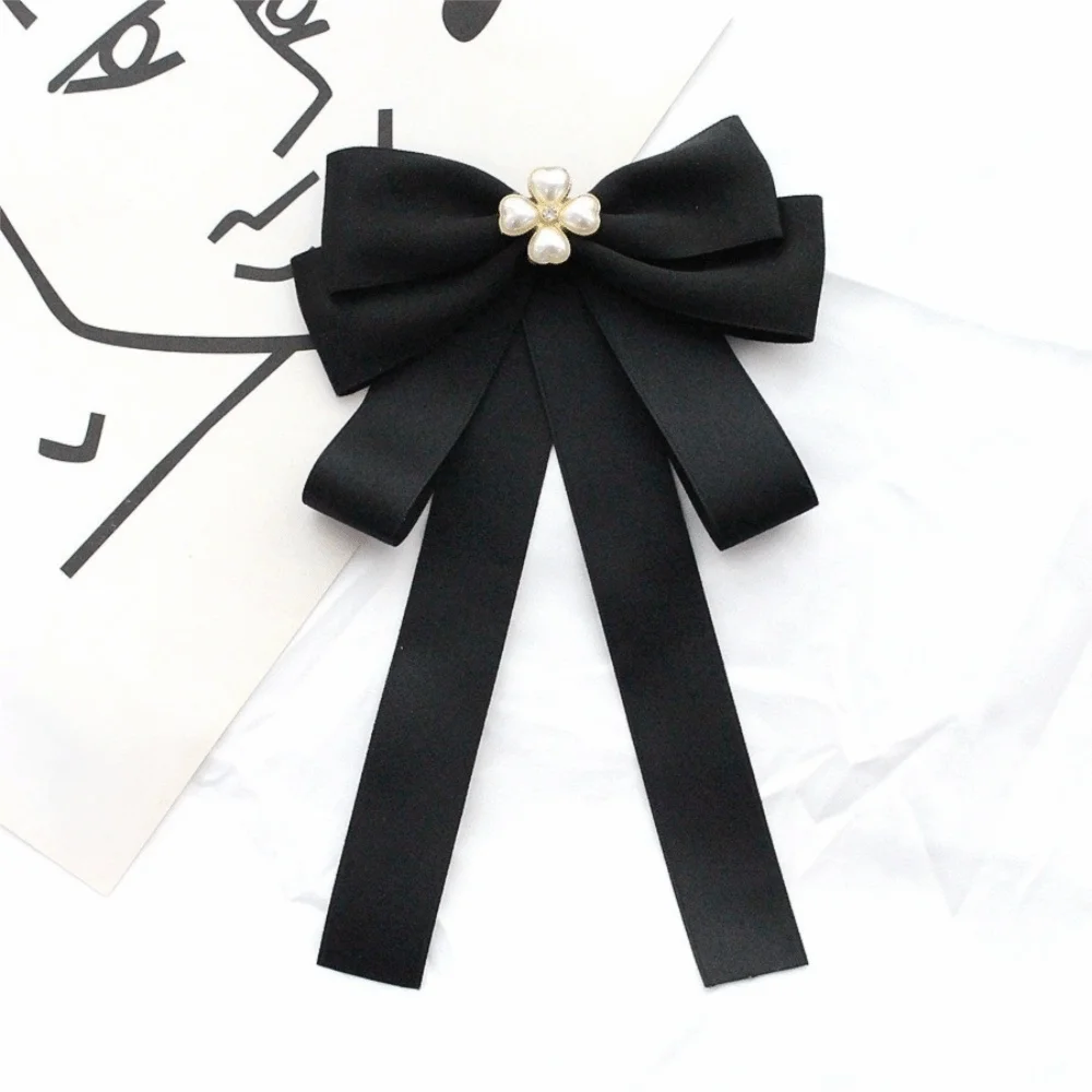 Elegant Rhinestones Black Ribbon Pin Pearl Multi-layer Black Bow Necktie Beads Pin Funerals Memorial Pin Parties