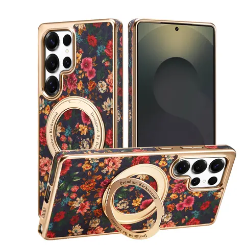 Denior is suitable for Samsung Galaxy S26/S25/S24/S23 Plus Ultra Flower Totem Cork Material 360 ° Rotating Stand Phone Case