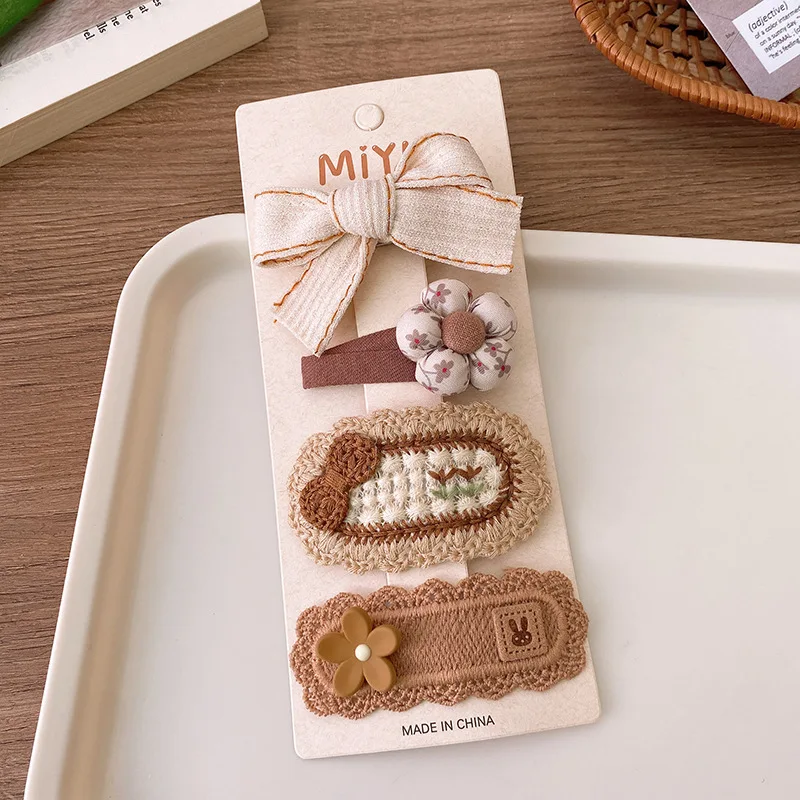 4 Teile/los Kaffee Farbe Stoff Plüsch Bogen Haar Clips Für Mädchen Blume Haarnadeln Kinder Süße BB Clip Gestreiften Haarspangen Haar dekoration – Detail 11