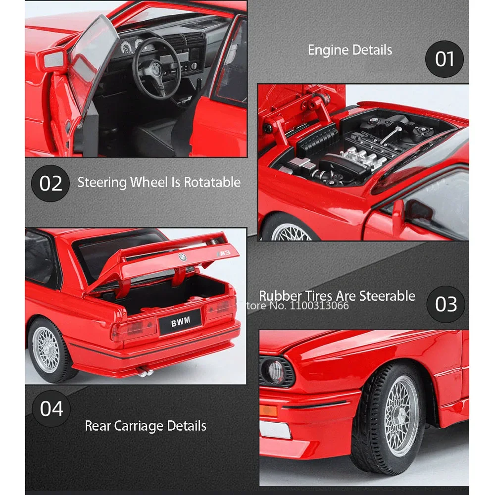 Juguetes grandes M3 de aleación 1:24, modelos en miniatura de coches, neumáticos de goma, vehículos extraíbles con sonido ligero, coche de juguete para niños, regalos de navidad