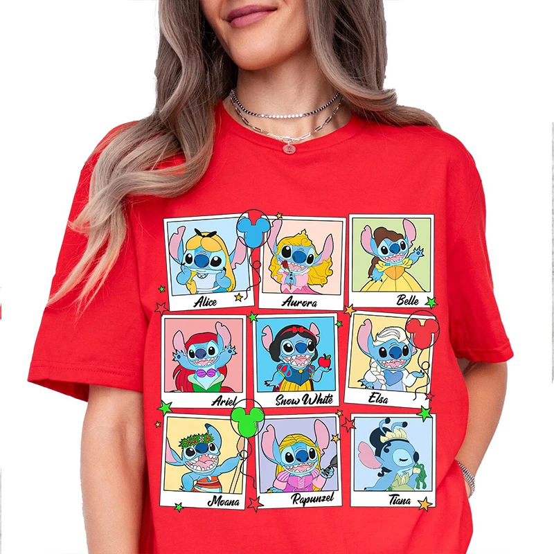 

Funny Stitch plays Disney princess print ladies T-shirt pure cotton short-sleeved casual tops loose women's clothing