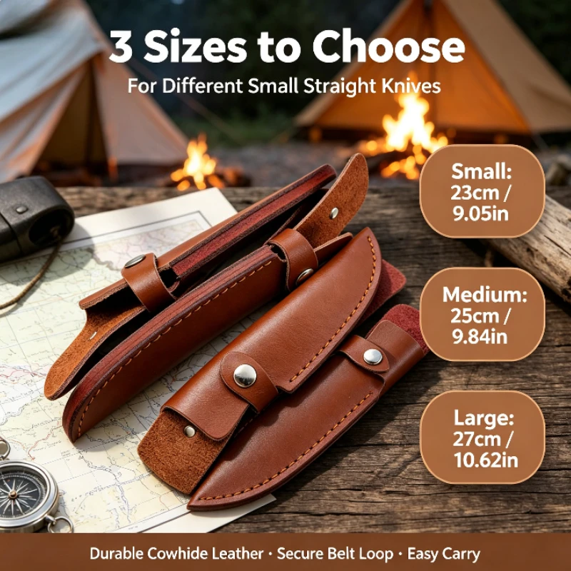 Durable Cowhide Leather Knife Sheath, Wear‑Resistant Scabbard with Belt Loop, Portable Carry Holster for Small Straight Knife