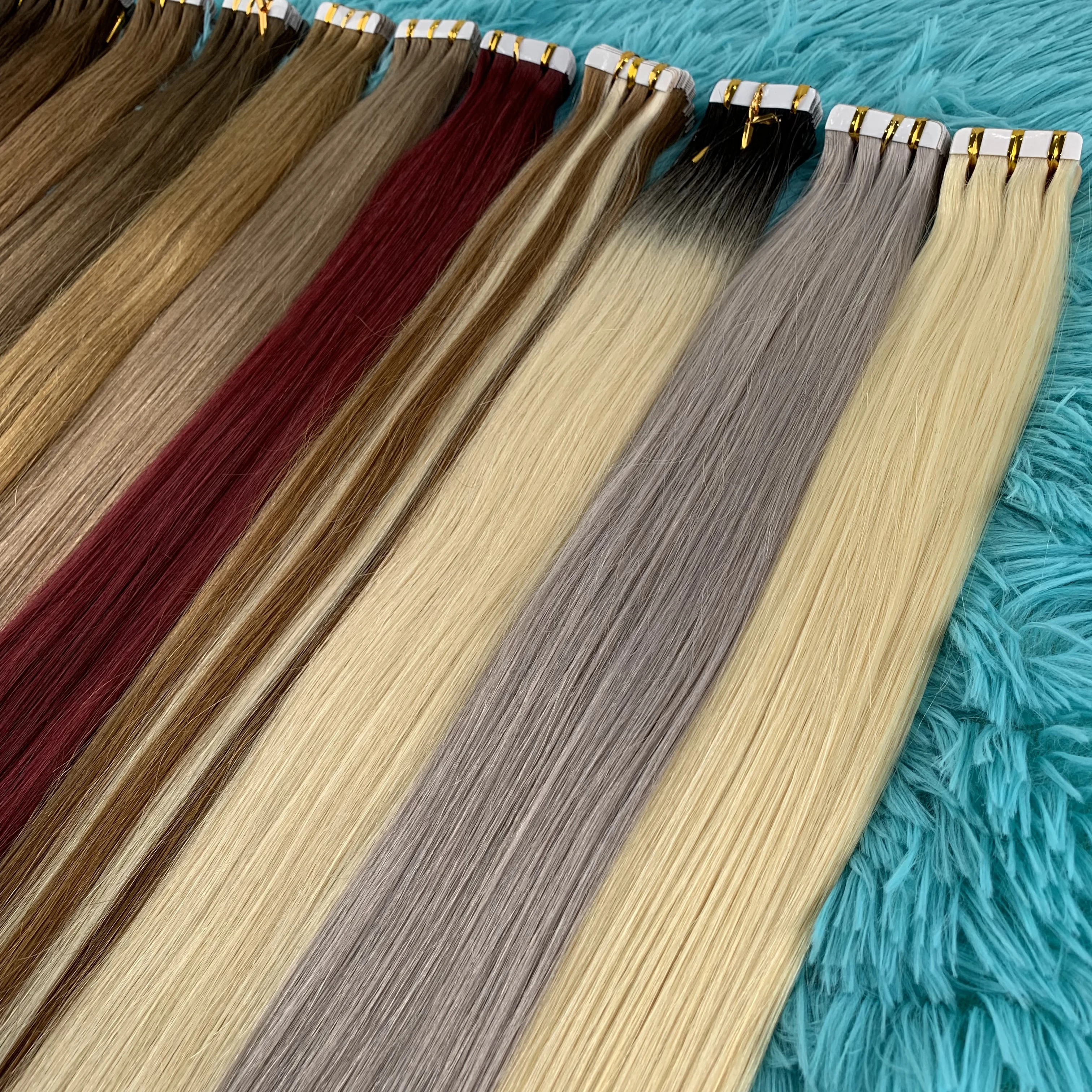 ナチュラルテープインヘアエクステンション人毛目に見えないPUテープインレミー人毛エクステンション接着剤で固定ストレートヘア18インチ # 1b 20個