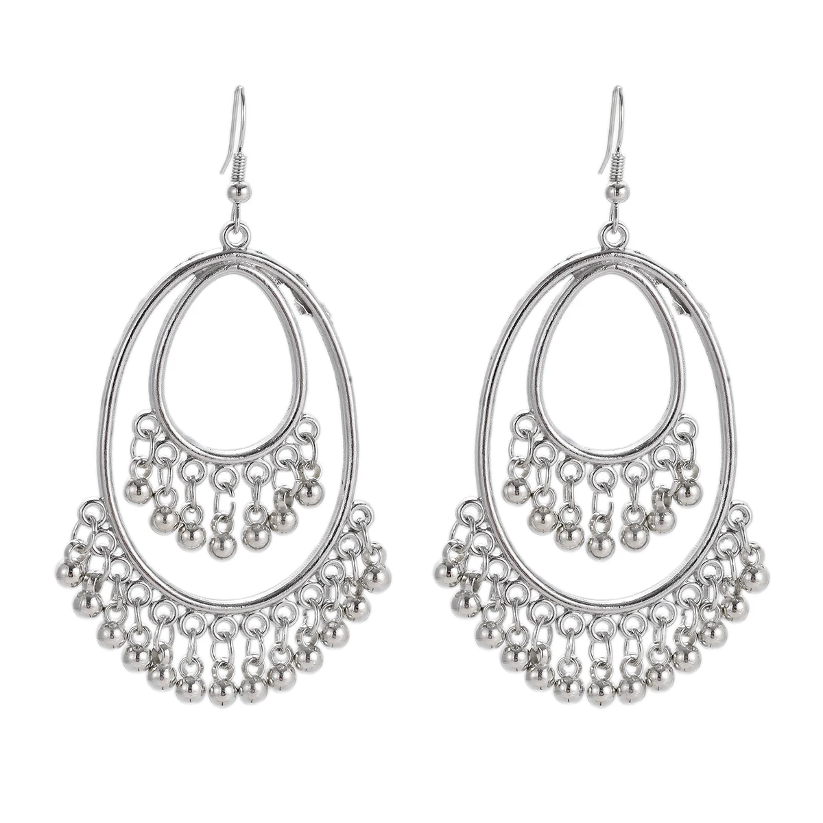 Vintage Silver Color Bohemian Earrings for Women Geometric Tassel Jewelry Metal Carved Round Heart Shape Dangle Earrings Gift